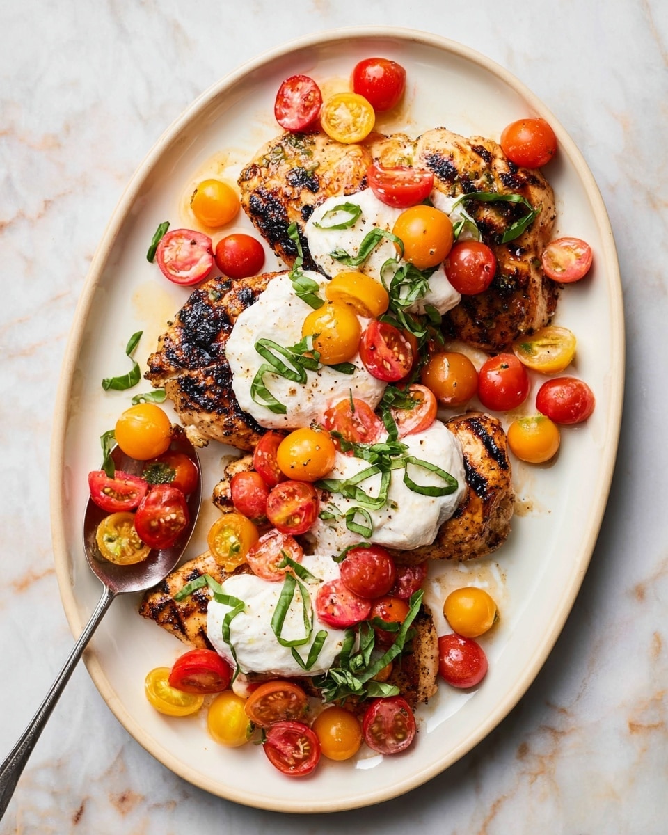 A white oval plate sits on a white marbled surface, holding three pieces of grilled chicken with charred marks, arranged at the bottom and middle layers. On top of the chicken are three dollops of white creamy cheese, each topped with halved red and yellow cherry tomatoes scattered all over. Thinly sliced green basil leaves are sprinkled over the tomatoes and cheese, adding a fresh touch. To the side, a silver spoon scoops more cherry tomatoes with basil. Photo taken with an iphone --ar 4:5 --v 7
