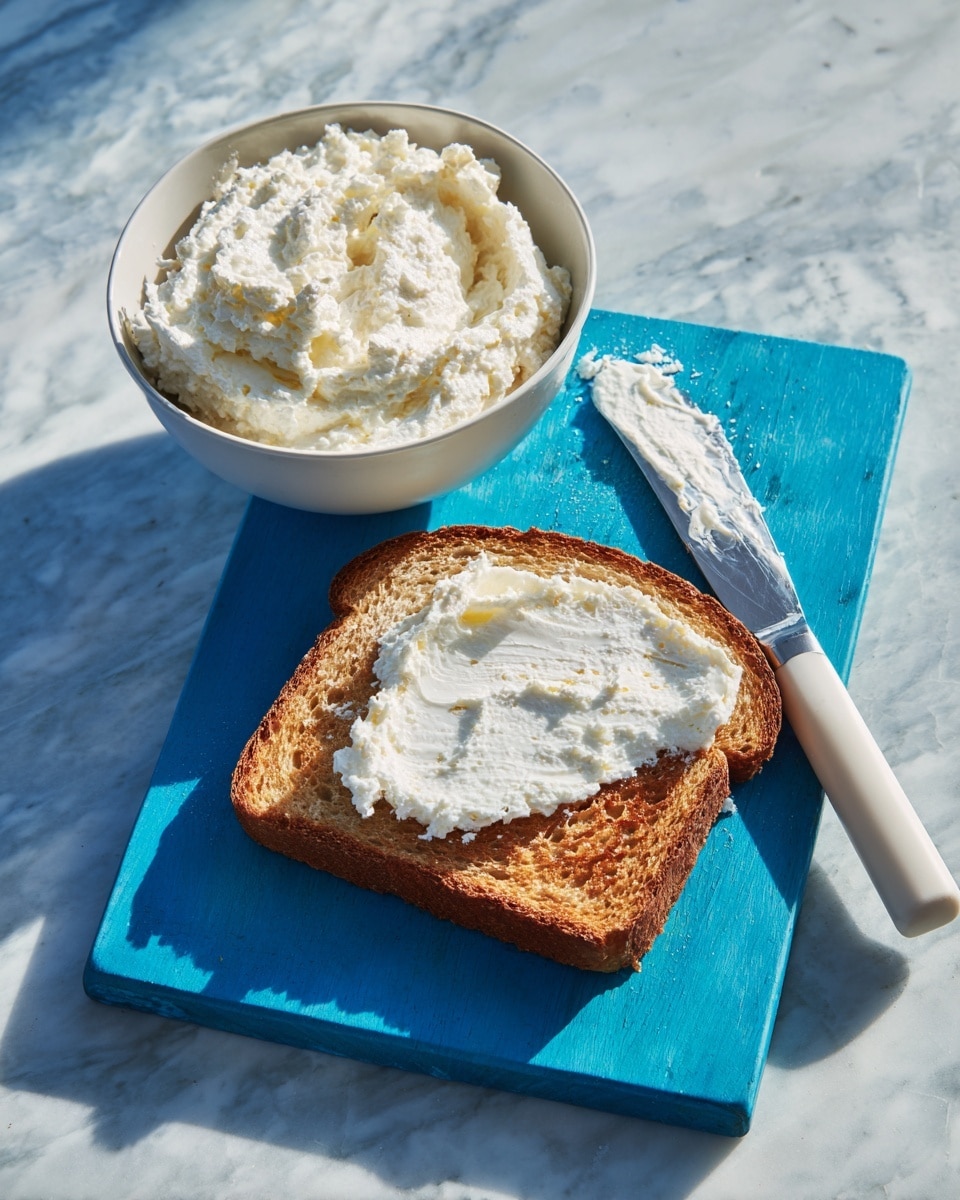 The image shows one slice of toasted brown bread with a rough texture placed on a blue cutting board over a white marbled surface. Next to the toast, there is a white knife with a silver collar, smeared with thick white cottage cheese on its blade. To the left of the knife, a white bowl filled with creamy white cottage cheese sits on the blue cutting board. A woman's hand is not visible but implied by the knife's placement. The lighting is bright and natural, casting clear shadows. Photo taken with an iphone --ar 4:5 --v 7