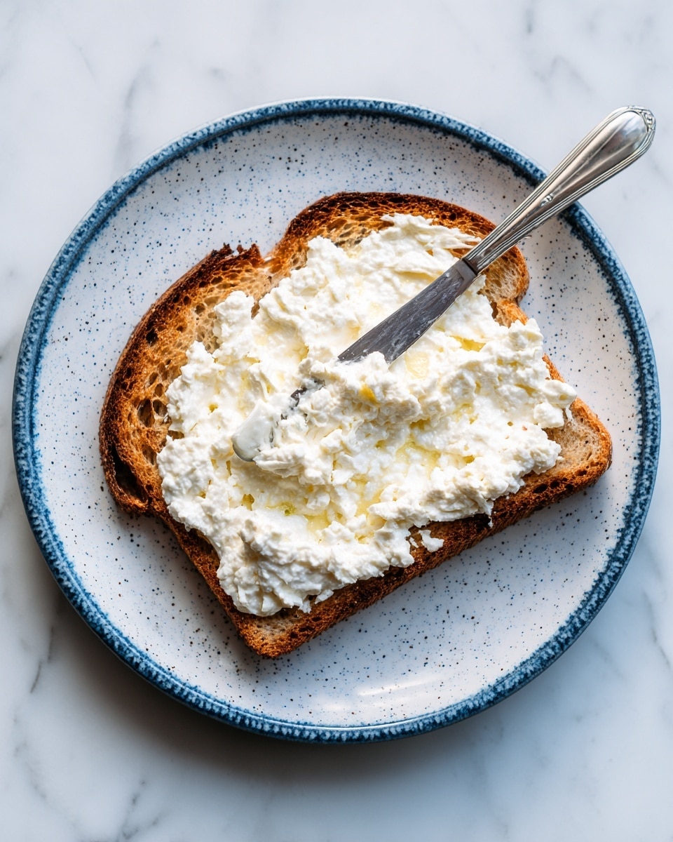 A single slice of toasted brown bread with a rough, crispy edge is placed flat on a white plate with a blue rim and speckled texture. The bread is topped with a thick layer of white cottage cheese, with its lumpy and soft texture clearly visible. A silver butter knife lies flat across the middle of the bread, partially covered with cottage cheese, showing a small smear on its blade. The plate sits on a white marbled surface. photo taken with an iphone --ar 4:5 --v 7