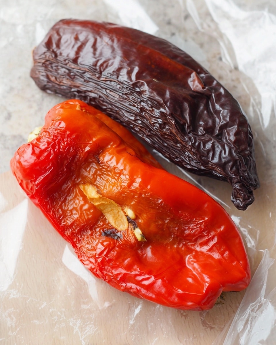 The image shows a white square baking dish with four vegetables placed inside. At the center lies a large, shiny dark purple eggplant with a green stem at the top. To the left of the eggplant, there is a bright red tomato and a small white garlic clove placed near the tomato. On the right side of the eggplant, a whole pale yellow onion with visible layers is present. At the bottom right corner, there is a glossy red bell pepper with a green stem. The white dish contrasts with the vibrant colors of the vegetables, all set on a white marbled surface. Photo taken with an iphone --ar 4:5 --v 7