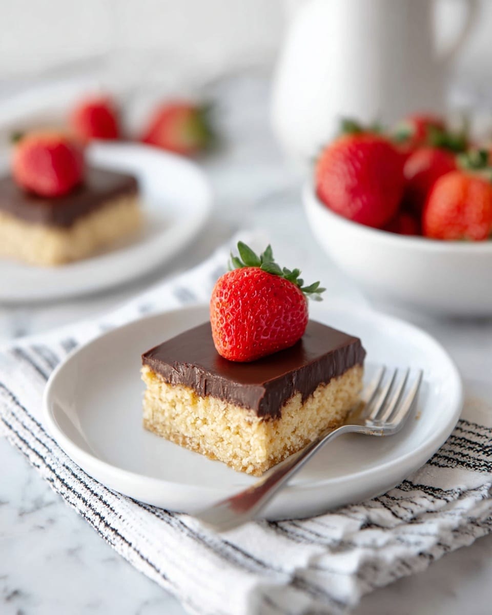 A white plate holds one square dessert with two layers: a thick, crumbly light beige base and a smooth, dark chocolate layer on top. A fresh, bright red strawberry with green leaves sits on the center of the chocolate layer. A silver fork rests beside the dessert on the plate, placed on a white cloth with black stripes. In the background, another white plate holds the same dessert with a strawberry on top, and a white bowl filled with red strawberries is also visible on a white marbled surface. A white pitcher with a handle and spout is blurred in the background. photo taken with an iphone --ar 4:5 --v 7