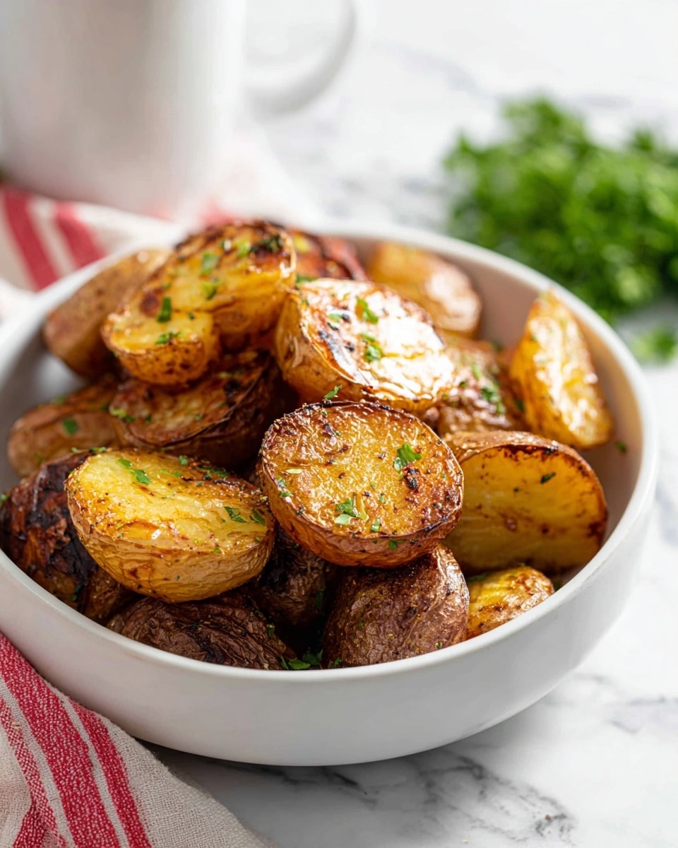 The image shows a white bowl filled with about two layers of roasted small potatoes that are golden brown with crispy edges, sprinkled with finely chopped green herbs on top. A silver spoon rests inside the bowl, holding one potato half that appears shiny and well-cooked. The bowl is placed on a wooden board, with a small white ramekin filled with salt and a small glass bowl of chopped herbs nearby. A white cloth with red stripes is partially visible under the board, and the background has a white marbled texture. photo taken with an iphone --ar 4:5 --v 7
