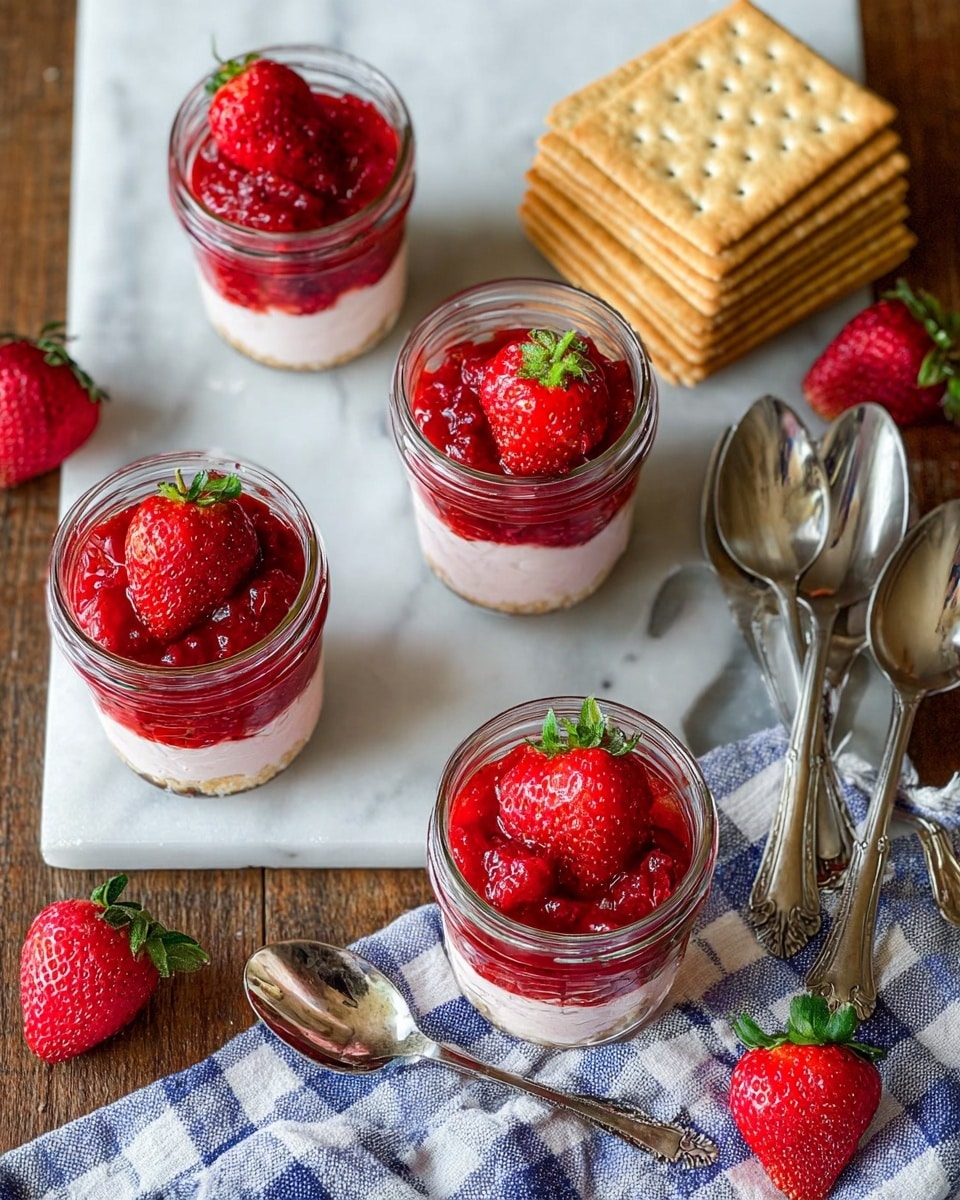 Four small glass jars are arranged on a white marbled surface, each filled with three visible layers: a bottom creamy light pink layer, a middle white layer, and topped with a bright red chunky strawberry sauce with a halved strawberry on top. Around the jars are whole fresh strawberries with green tops, several light brown rectangular crackers stacked in a small pile, and four shiny silver spoons placed on a white and blue checkered cloth. One spoon rests directly on the white marbled surface below a jar. The overall tone is bright and fresh with a mix of red, white, and beige colors. photo taken with an iphone --ar 4:5 --v 7