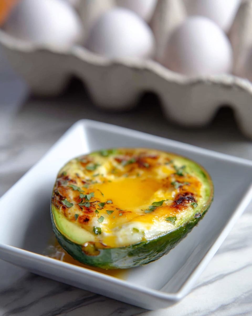 The image shows a baked avocado half on a small white square dish. The avocado green skin forms the outer layer, filled with two layers inside: a slightly browned egg white on the bottom and a bright yellow melted egg yolk on top, with some herbs sprinkled over for garnish. The dish sits on a white marbled surface, with a blurred background of a carton of white eggs. Photo taken with an iphone --ar 4:5 --v 7