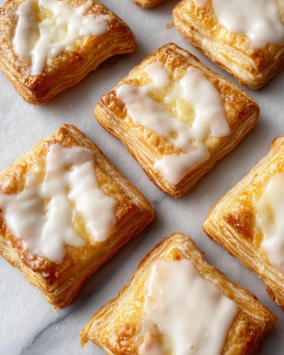 The image shows six square pastries with two clear layers: a golden brown, flaky puff pastry base and a smooth white icing drizzled and spread in the center of each pastry. The puff pastry has a light crispy texture with slight browning around the edges. The pastries are placed closely on parchment paper over a white marbled surface, highlighting their warm tones. The icing contrasts with the golden base by adding a creamy, glossy white layer on top. photo taken with an iphone --ar 4:5 --v 7