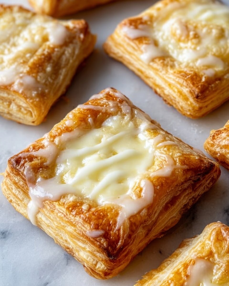 The image shows several square pastries with golden brown, flaky layers. Each pastry has a puffed crust with visible buttery layers around the edges. The center of each pastry is filled with melted white cheese that looks smooth and creamy, slightly bubbling on top. A light, shiny glaze is drizzled over the cheese and crust, adding a glossy finish. The pastries are arranged on a white marbled surface, which adds a clean, bright background to the warm colors of the pastries. One pastry is closer to the camera, making the texture of the pastry layers and cheese more visible. photo taken with an iphone --ar 4:5 --v 7