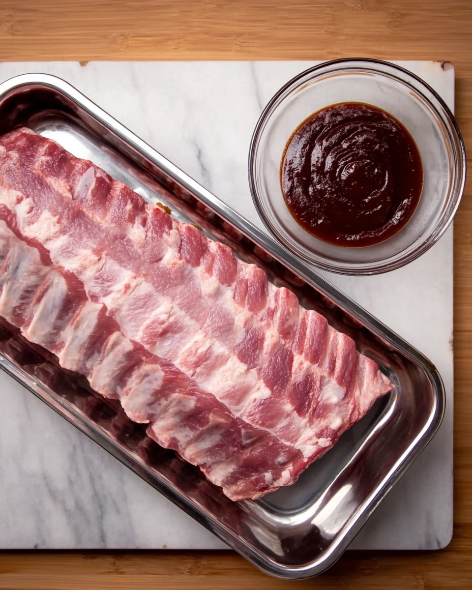 A fresh rack of raw ribs with a pinkish-red color and white marbled fat is placed inside a shiny silver metal tray, showing the full slab with visible bone sections. Next to the tray, there is a clear glass bowl containing thick dark brown sauce with a smooth texture on a white marbled surface. The wooden background is changed to the white marbled texture photo taken with an iphone --ar 4:5 --v 7