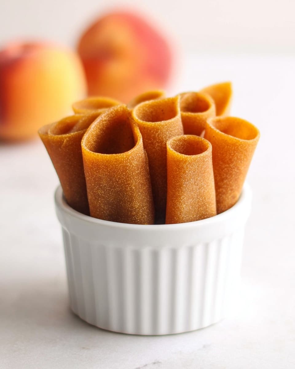 The image shows several rolled fruit leather strips placed vertically inside a white ramekin. The fruit leather is golden-brown with a slightly textured, soft surface. Some rolls are tightly wound, showing round edges, while others have small loose ends curling outward. A peach with soft orange and red hues sits blurred in the background on a white marbled surface. The front of the ramekin is in clear focus, highlighting the color and texture of the fruit leather rolls photo taken with an iphone --ar 4:5 --v 7