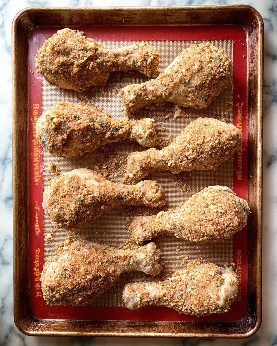 The image shows eight pieces of raw chicken drumsticks coated evenly with a thick, textured layer of seasoned batter that looks grainy and speckled with herbs and spices. The drumsticks are arranged side-by-side in two rows on a baking sheet lined with a red-bordered silicone mat which has visible text on the right side. The surface beneath the baking sheet is a white marbled texture. The batter-covered drumsticks have a slightly rough, uneven surface and a light brown color mixed with darker flecks, ready to be cooked. photo taken with an iphone --ar 4:5 --v 7