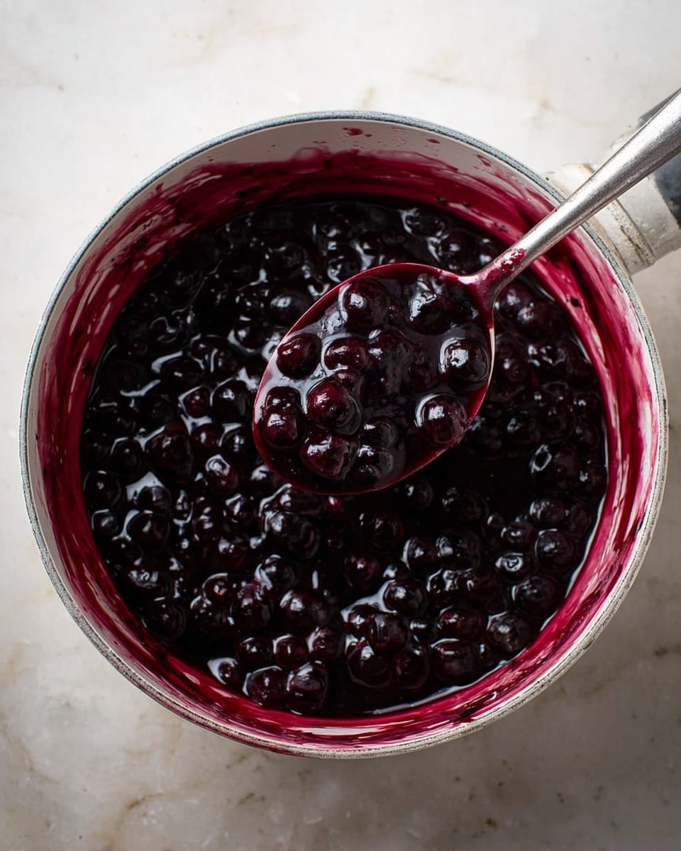 A white pot filled with a dark purple, thick blueberry sauce with whole blueberries visible throughout. The sauce has a shiny, slightly sticky texture, coating the sides of the pot with streaks of deep purple. A metal spoon inside the pot is lifting some of the sauce, showing its thick, glossy consistency and the smooth mix of berries and liquid. The pot is placed on a white marbled surface. photo taken with an iphone --ar 4:5 --v 7