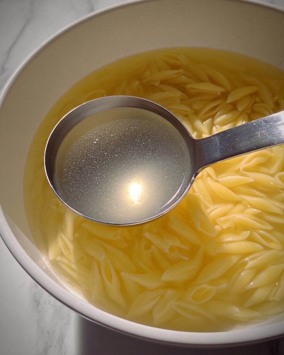 A close-up image shows a white bowl filled halfway with yellow pasta submerged in light yellow water. A metal ladle with a long handle rests inside the bowl, holding some clear pasta cooking water. The surface under the bowl is a white marbled texture. The lighting highlights the shiny metal ladle and the smooth texture of the pasta in water. Photo taken with an iphone --ar 4:5 --v 7