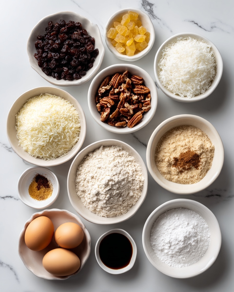 The image shows nine small white bowls and a white plate arranged on a white marbled surface. Each bowl contains a different ingredient: golden and dark raisins, white shredded coconut with a fluffy texture, white salt with small crystals, chopped pecans with a rich brown color, white flour finely textured, light brown sugar with a crumbly texture, golden melted butter with a smooth surface, a small amount of dark vanilla extract in a tiny bowl, and white baking powder with a fine, powdery look. The white plate holds three light brown eggs with smooth shells. Each ingredient is clearly labeled in black text on white blocks above or near the bowl or plate photo taken with an iphone --ar 4:5 --v 7