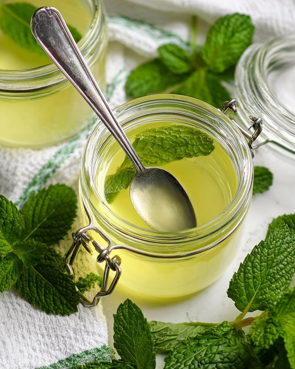 The image shows a close-up of a small jar filled with pale yellow liquid, with a shiny metal spoon resting inside the jar. Around the jar, there are fresh bright green mint leaves with visible texture and veins. The jar has a metal clasp lid, and the surface underneath is a white marbled texture, partially covered by a white cloth with green stripes. Another jar with the same liquid and clasp is partly visible in the background, along with more mint leaves scattered around. Photo taken with an iphone --ar 4:5 --v 7