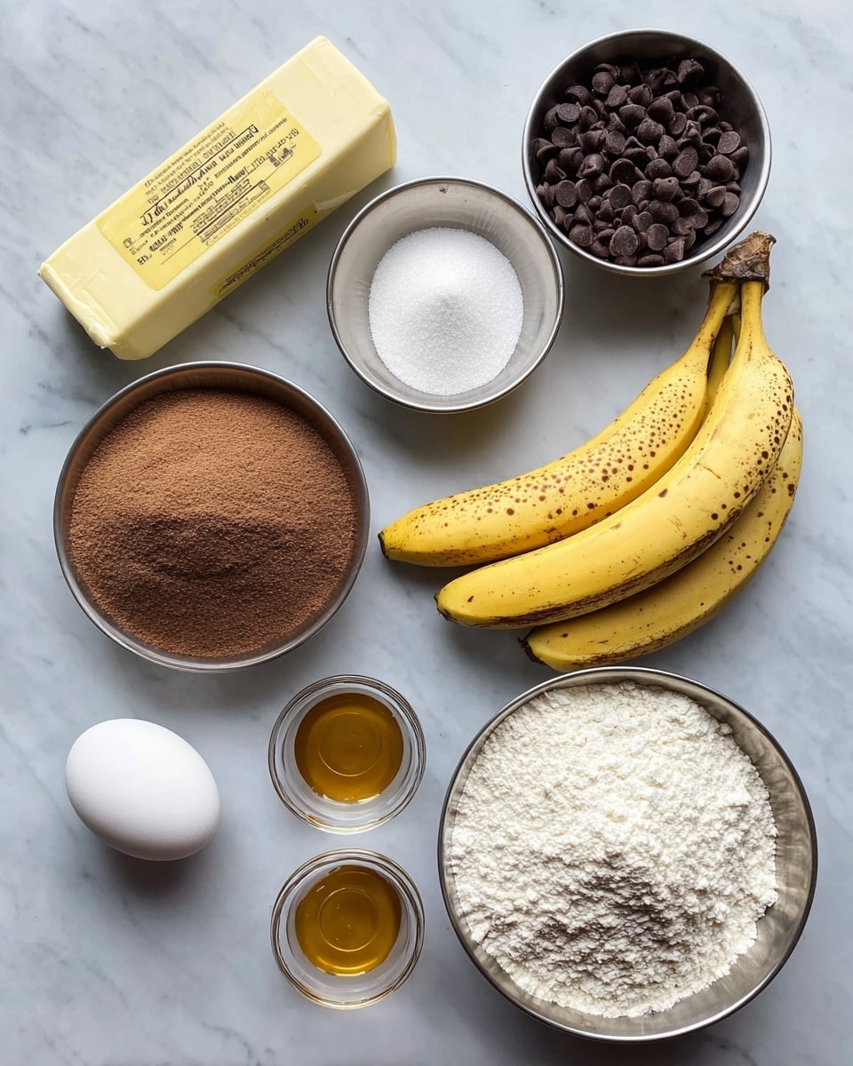 A top view of baking ingredients placed on a white marbled surface: in the top left, a yellow stick of unsalted butter with a white wrapper; below it, a round silver bowl divided into two halves with light brown sugar on the left and white sugar on the right; next to it, three ripe bananas with brown spots lie side by side; to the right, a white scoop filled with dark chocolate chips; below the bananas, a white egg sits alone; at the bottom center, two small glass bowls hold golden vanilla extract and white baking soda separately; on the bottom right, a larger round silver bowl is divided into four parts with white flour, cocoa powder, and two shades of white powder forming a neat quadrant. The lighting is soft and natural, with minimal shadows. Photo taken with an iphone --ar 4:5 --v 7
