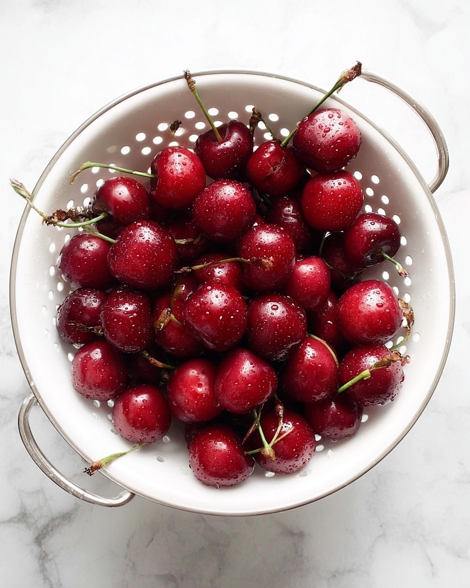 A white colander filled with many fresh red cherries, each cherry showing small water droplets on its shiny surface. Some cherries have green stems still attached. The colander has small round holes throughout and two side handles, placed on a white marbled texture surface. photo taken with an iphone --ar 4:5 --v 7