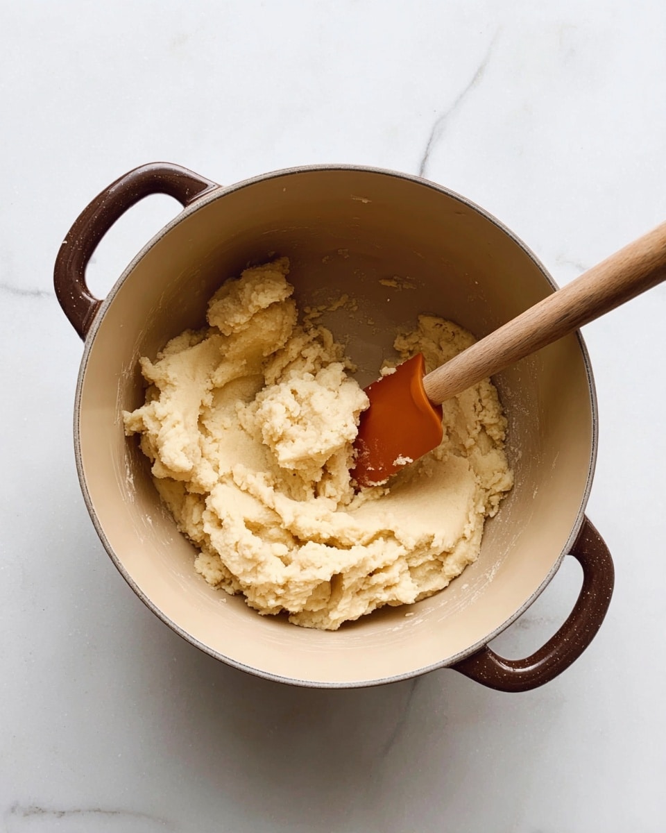 A beige cooking pot with dark brown handles holds a thick, pale yellow dough that has a crumbly yet smooth texture. A bright orange spatula with a wooden handle is partially inside the dough, slightly lifting and folding it. The pot sits on a white marbled surface, which adds a clean and bright background to the image. photo taken with an iphone --ar 4:5 --v 7