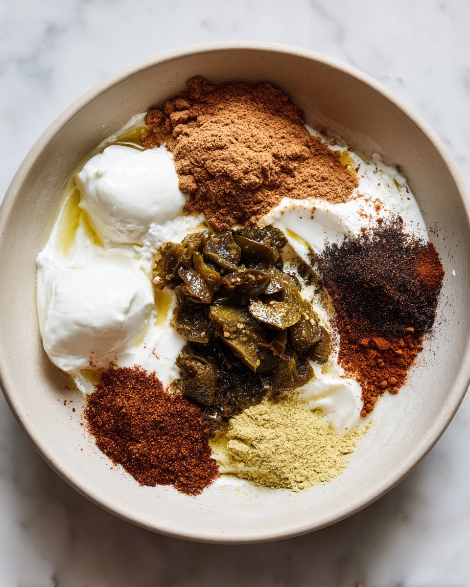 A white bowl sits on a white marbled surface, filled with several unmixed ingredients arranged in separate spaces. There are two dollops of thick white yogurt, one closer to the top left and the other near the center right. On the left, there is a mound of brownish spice powder, and next to it, a cluster of dark green chopped pickled pieces soaking in a light amber liquid. In the middle, light yellow powders spread over yogurt. Dark reddish-brown and almost black spice powders sit near the right side, all dry and finely ground. The mix shows many colors and textures, all kept distinct before combining. photo taken with an iphone --ar 4:5 --v 7