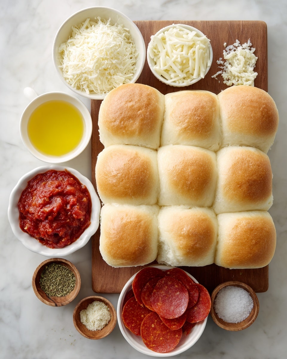 The image shows twelve soft Hawaiian rolls arranged in a 3 by 4 grid on a wooden board, each roll with a light golden-brown top and soft white sides. Surrounding the rolls are small white bowls filled with different ingredients: one bowl with white shredded mozzarella cheese, another with bright red tomato paste, and one with multiple slices of pepperoni with a reddish color and slight shine. A small white bowl contains yellow melted butter, while three small wooden bowls hold dried Italian seasoning (greenish and brown mix), fine white onion powder, and coarse white salt. Lastly, a small white dish holds minced garlic. The whole scene is set on a white marbled surface. photo taken with an iphone --ar 4:5 --v 7