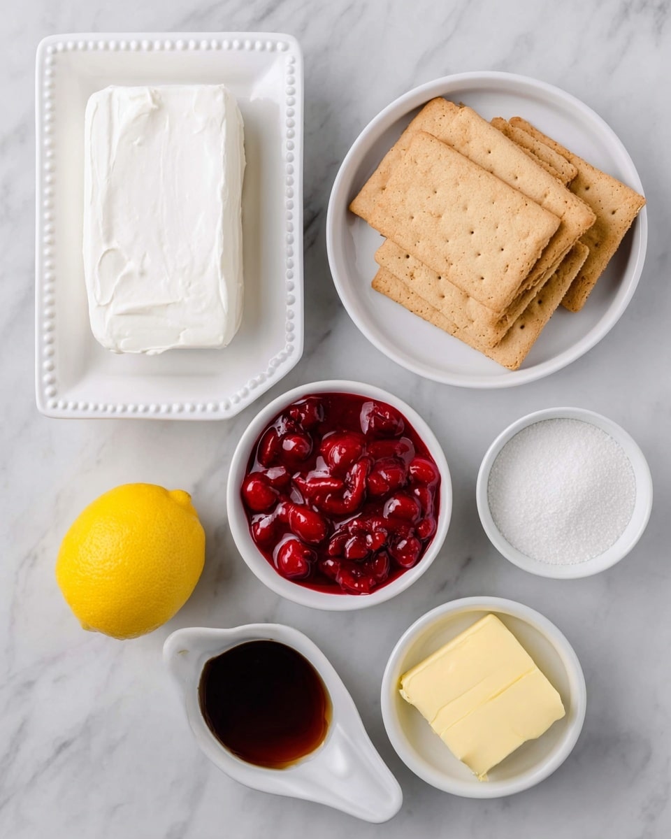 A top view of ingredients arranged on a white marbled surface, featuring a rectangular block of smooth white cream cheese on a white rectangular dish with raised dot edges at the top left, a white round bowl filled with red cherry pie filling below it, and a whole bright yellow lemon near the bottom left. Towards the right side, a white round bowl holds several rectangular graham crackers stacked unevenly. Above that, two small white bowls contain white powdered sugar and regular granulated sugar. Near the bottom right are two white dishes: one with a block of yellow butter and a small white bowl containing a dark brown liquid, with a small cup of white cream below the lemon. Photo taken with an iphone --ar 4:5 --v 7