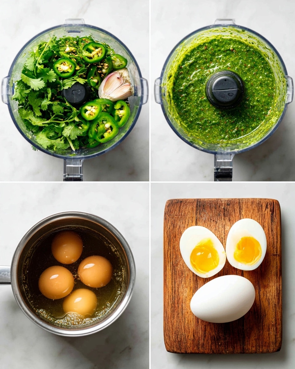 The image shows four steps of food preparation arranged in a grid. The first frame has a top view of a clear food processor bowl filled with fresh, bright green cilantro leaves, sliced green chili peppers, and a whole garlic clove on a white marbled surface. The second frame reveals the same bowl containing a thick, green blended sauce with a slightly chunky texture, centered around the blades and showing some seeds and bits of chili. The third frame shows two brown eggs boiling in a shiny, silver pot filled with bubbling water. In the last frame, there is a white peeled boiled egg and a halved soft-boiled egg with a firm white and a rich, slightly runny golden yolk, all placed on a wooden cutting board. photo taken with an iphone --ar 4:5 --v 7
