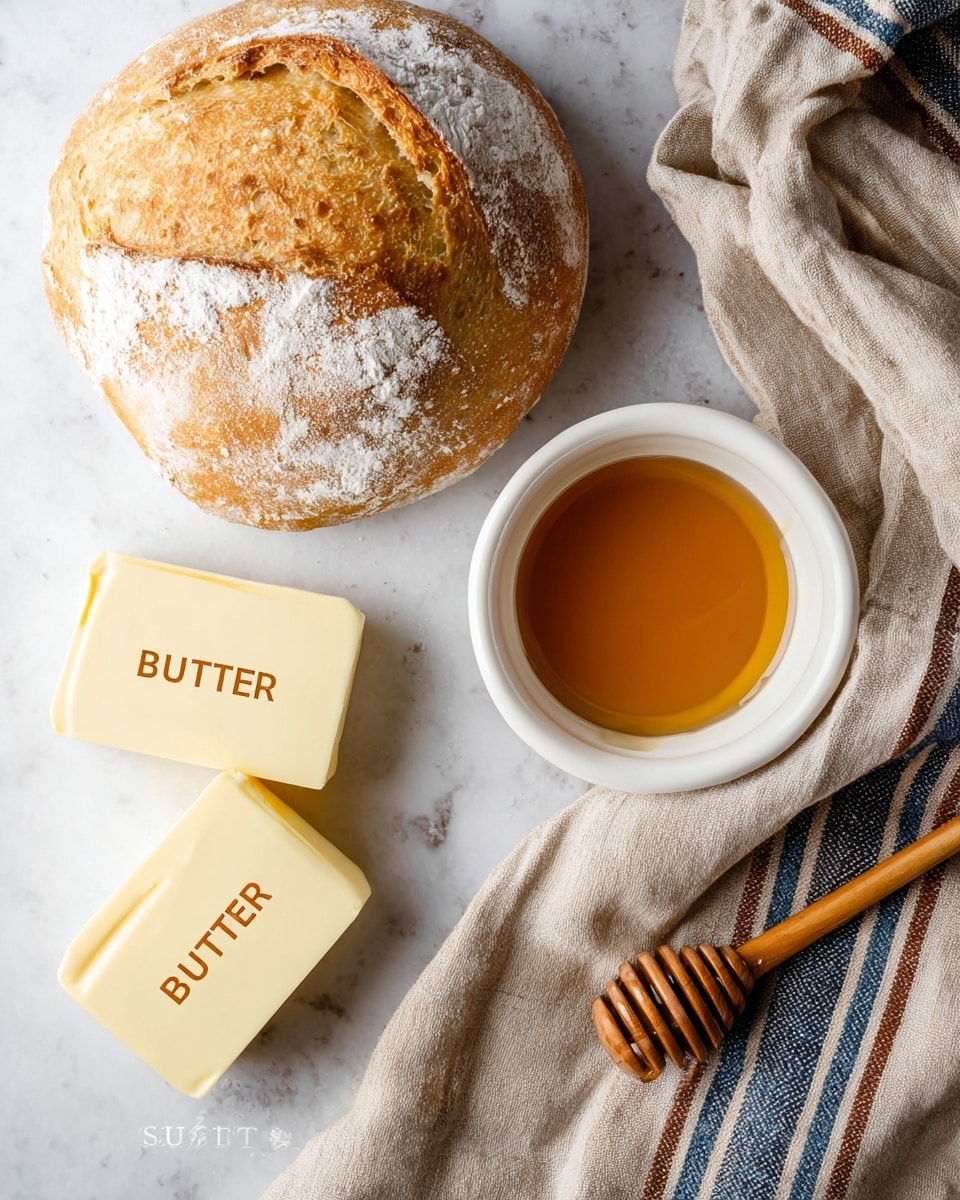 The image shows a round loaf of bread with a light golden crust and a dusting of flour on top, placed on a white marbled surface. Below it, there are two small rectangular blocks of pale yellow butter, one leaning on the other, both labeled
