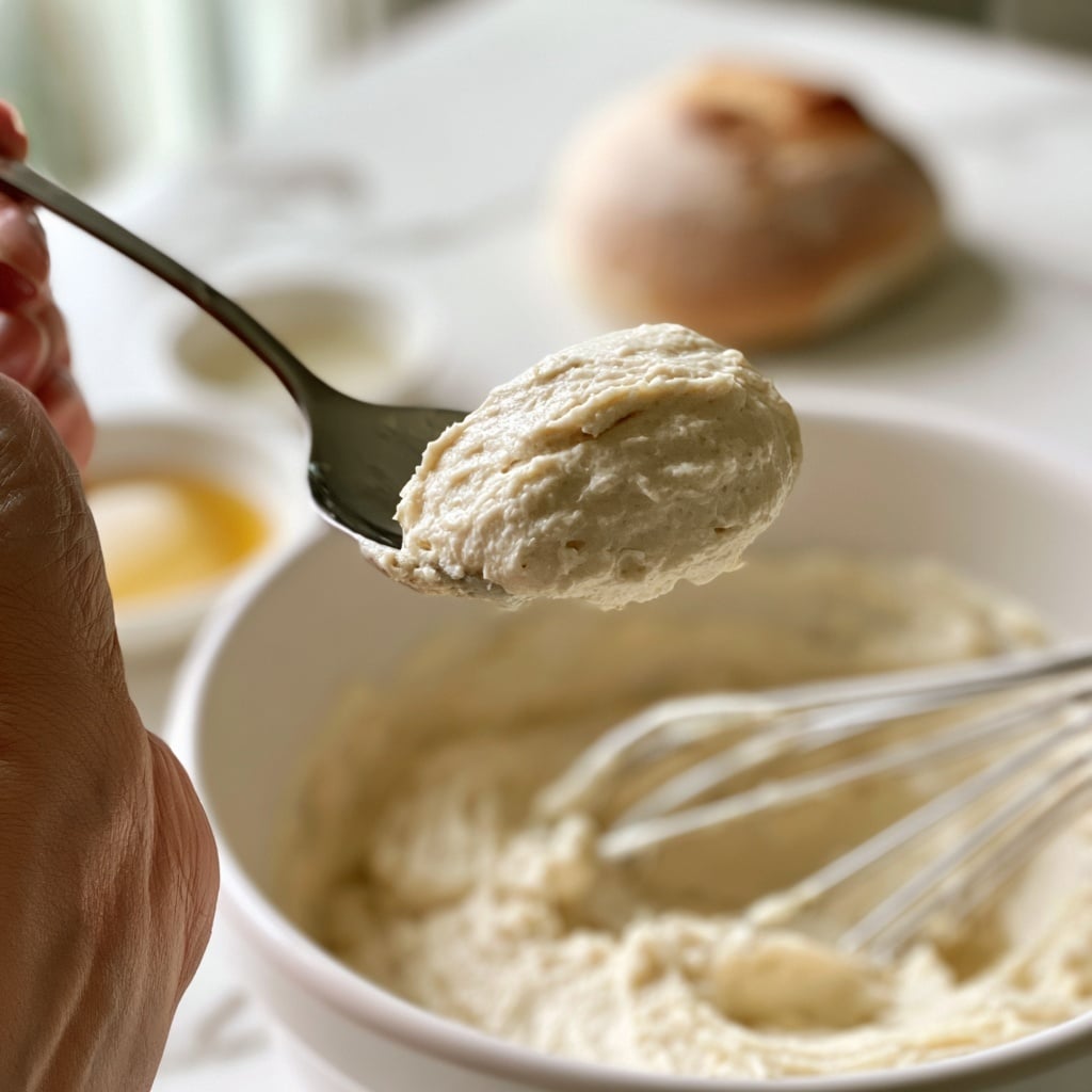 A close-up image shows a large spoon holding a thick, creamy, off-white mixture with a smooth and slightly textured surface. The spoon is held by a woman's hand over a white mixing bowl filled with more of the same creamy mixture and a metal whisk resting inside. In the blurred background, there is a small white bowl with a golden yellow liquid and a round loaf of bread with a light crust placed on a white marbled surface. The overall scene looks bright and clean, with soft natural light. photo taken with an iphone --ar 4:5 --v 7