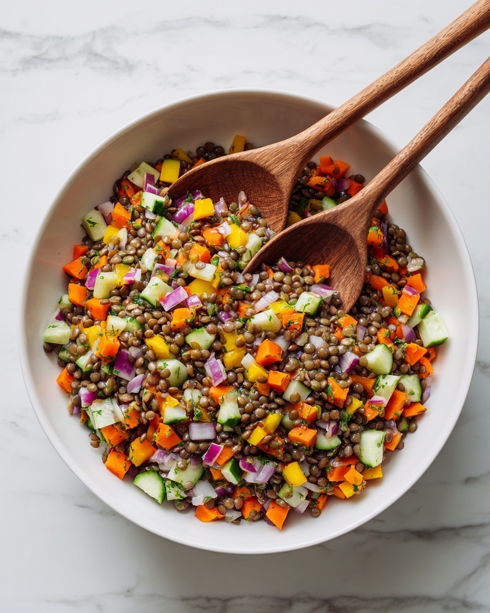 A white bowl filled with a colorful lentil salad, made of many small layers including brown lentils, bright orange carrot cubes, yellow bell pepper pieces, small green cucumber chunks, and small pieces of purple onion mixed evenly. Two wooden spoons rest inside the bowl, one placed near the top right and the other near the bottom left of the bowl, both partially covered with the salad. The bowl sits on a white marbled surface, showing a fresh and healthy look. photo taken with an iphone --ar 4:5 --v 7