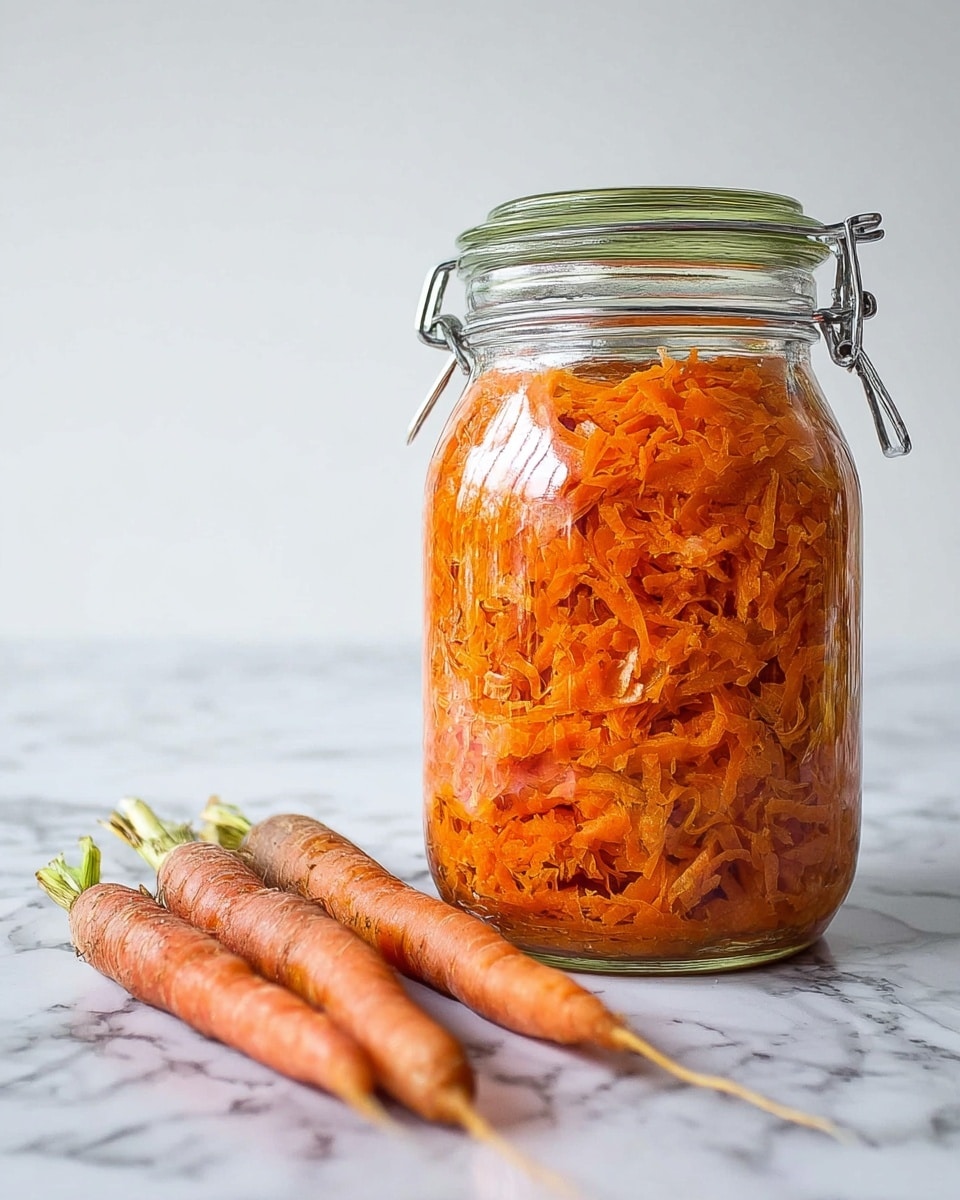 A clear glass jar filled with shredded orange-colored carrot mix layered tightly inside, showing a moist and slightly chunky texture, sitting on a surface with white marbled texture. The jar has a greenish airtight lid with metal clasps on its side, and next to the jar, two fresh whole carrots with visible dirt and small green tops rest on the surface, adding a natural touch. The background is plain white, making the bright orange of the carrot mixture stand out clearly. photo taken with an iphone --ar 4:5 --v 7