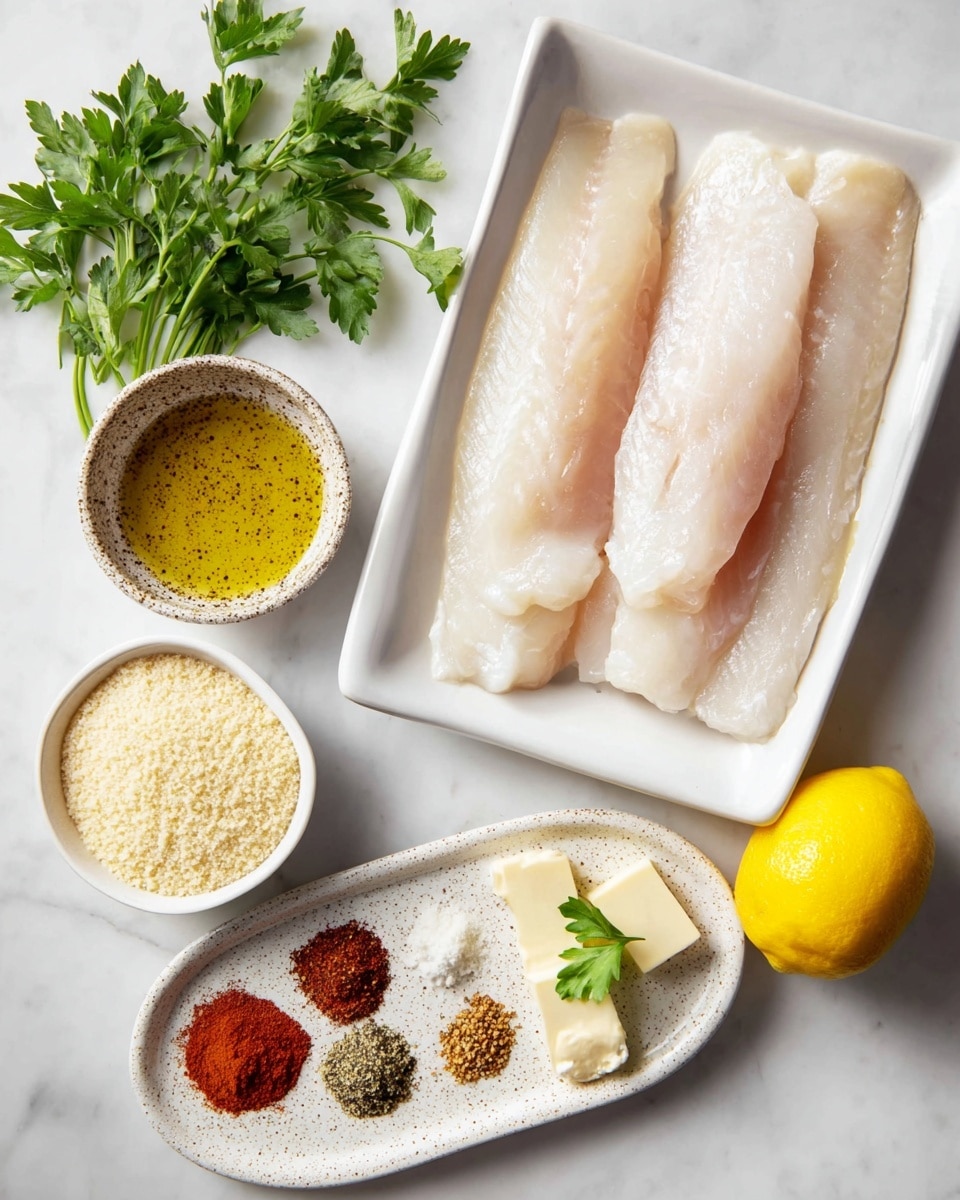 A white rectangular dish holds three raw fish fillets, pale pinkish-white in color, arranged side by side to cover the bottom. To the left on a white marbled surface, fresh green parsley leaves rest next to a small speckled bowl filled with golden olive oil flecked with black pepper. Below it, a small white bowl is filled with light beige breadcrumbs. In the foreground, a speckled oval plate displays multiple spices in small piles: bright red paprika, white salt, black pepper, dried herbs, and a light yellow powder. The plate also holds three peeled garlic cloves, two rectangles of pale yellow butter garnished with a small parsley leaf, and a whole bright yellow lemon sits to the right of the plate. photo taken with an iphone --ar 4:5 --v 7
