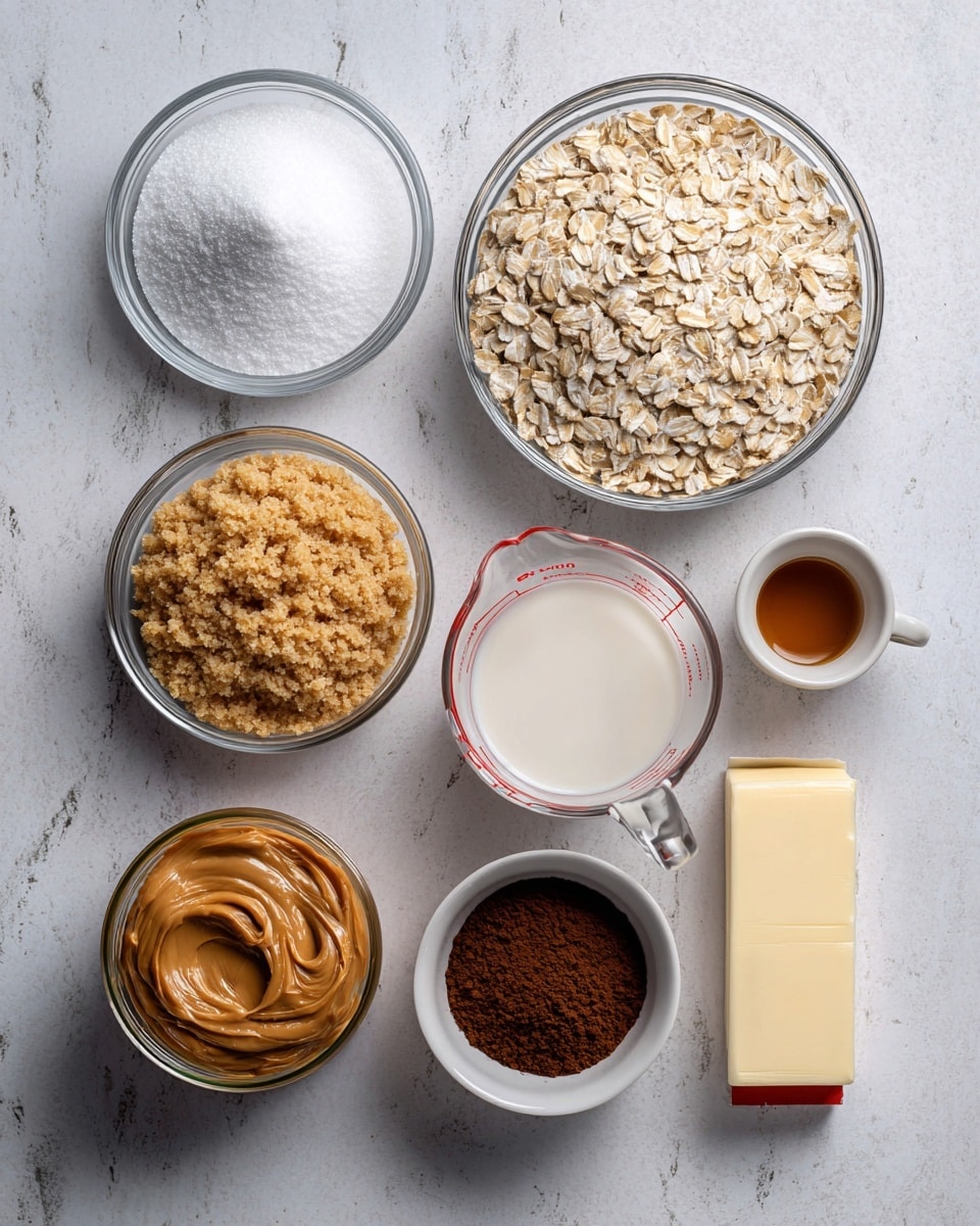 The image shows eight ingredients neatly placed on a white marbled surface. At the top left is a round clear glass bowl filled with fine white sugar that looks soft and fluffy. Next to it at the top right is another clear glass bowl holding light beige quick cooking oats with a rough texture. Slightly below the oats, an angled transparent measuring cup holds some white milk, creamy and smooth with clear red measurement marks visible. Below the sugar is a smaller clear glass bowl packed with golden brown sugar, showing a coarse and slightly clumped texture. Bottom left has a clear jar filled with smooth, rich peanut butter with a shiny, creamy surface, along with a metal measuring spoon partially inside. To the right of the peanut butter is a small white round bowl filled with dark brown cocoa powder, fine and dusty in texture. Next is a small white cup with dark vanilla liquid inside, shiny and smooth on the surface. Lastly, at the bottom right, there is a stick of pale yellow butter in a red and white wrapper. Everything is arranged neatly in a visually balanced layout, photo taken with an iphone --ar 4:5 --v 7
