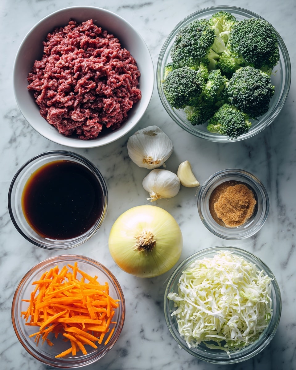 The image shows several ingredients placed on a white marbled surface. At the top center, there is a white bowl (changed from black) filled with raw ground beef, which has a rough, crumbly texture and deep red color with hints of white fat. Below it and slightly to the left is a round glass bowl filled with dark soy sauce, smooth and shiny. To the right of soy sauce is a small pile of bright orange carrot sticks with a smooth surface, next to two pale white garlic cloves and a small glass bowl containing light brown powdered ginger. Just below the ginger is a small glass bowl filled with thick, dark brown hoisin sauce. In the center is a whole yellow onion, resting directly on the surface, with a smooth, slightly shiny skin. To the bottom left is a glass bowl of vibrant green broccoli florets with bumpy textures. At the bottom right, there is a glass bowl filled with a coleslaw mix, mostly white shredded cabbage with bits of orange carrot scattered throughout. The ingredients are neatly placed, showing a variety of colors and textures. Photo taken with an iphone --ar 4:5 --v 7