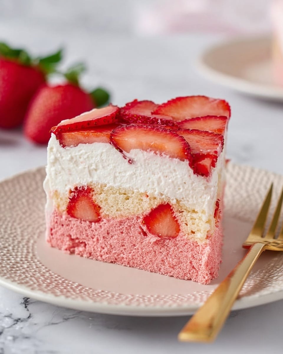 A slice of pink cake with two layers is on a white plate with a textured rim, placed on a white marbled surface. The bottom layer is a light pink sponge with a soft texture, while the top layer is thick, smooth white cream. Thin slices of fresh red strawberries cover the cream layer, with some strawberry pieces slightly overlapping each other. Behind the cake slice, a half strawberry with green leaves is visible, and a golden fork lies to the right side of the plate. The photo is taken with an iphone --ar 4:5 --v 7