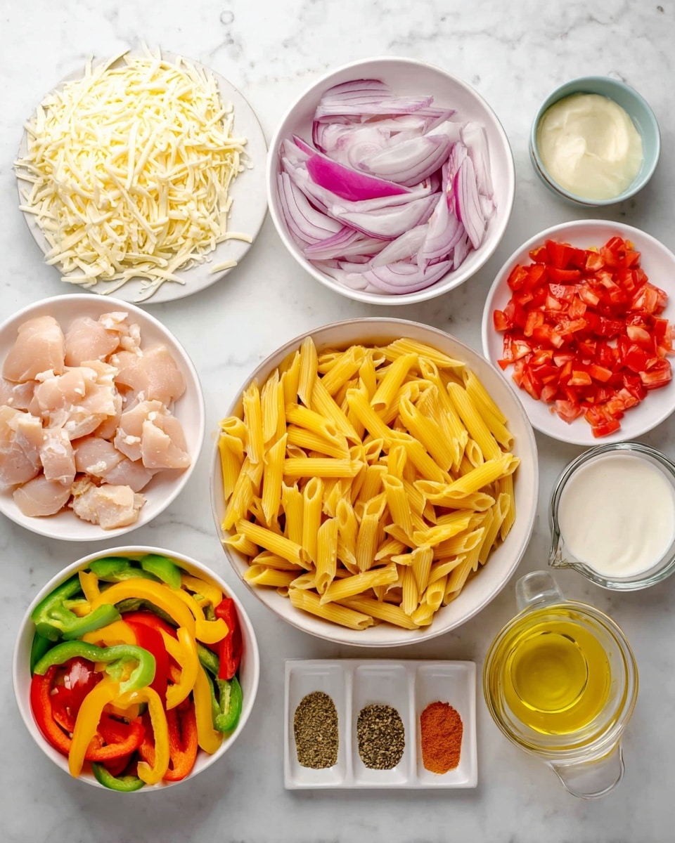 The image shows an overhead view of multiple white bowls and one white plate neatly arranged on a white marbled surface. There is one larger white bowl in the center filled with uncooked yellow penne pasta, and next to it, a smaller bowl with shredded white cheese. On the left side, a white plate holds small pieces of raw chicken, and below it is a white bowl with sliced green, yellow, and red bell peppers. Above the cheese bowl is a white bowl with sliced red onions. To the right, a small bowl contains bright red diced tomatoes, next to a small glass container filled with a light yellow olive oil, and finally a clear measuring cup with white cream or sauce. A small white plate holds several spices arranged in small piles. Photo taken with an iphone --ar 4:5 --v 7