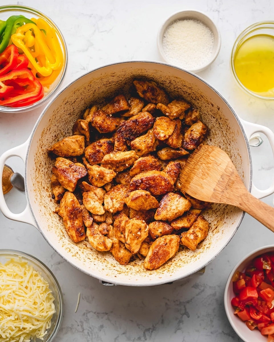 Inside a white pot, there are many medium-sized pieces of cooked chicken colored golden brown with a few darker brown edges, showing a slightly crispy texture. The chicken sits on a light layer of browned spices stuck to the pot's bottom and sides. A wooden spoon rests diagonally on the right side of the pot, slightly touching the chicken. Around the pot are small white bowls and glasses placed on a white marbled surface: to the left, a bowl with sliced red, yellow, and green bell peppers; near the top, a bowl with grated cheese; to the right, a small glass with yellow liquid and a bowl with red diced tomatoes. The scene looks bright and clean, showing fresh ingredients. Photo taken with an iphone --ar 4:5 --v 7