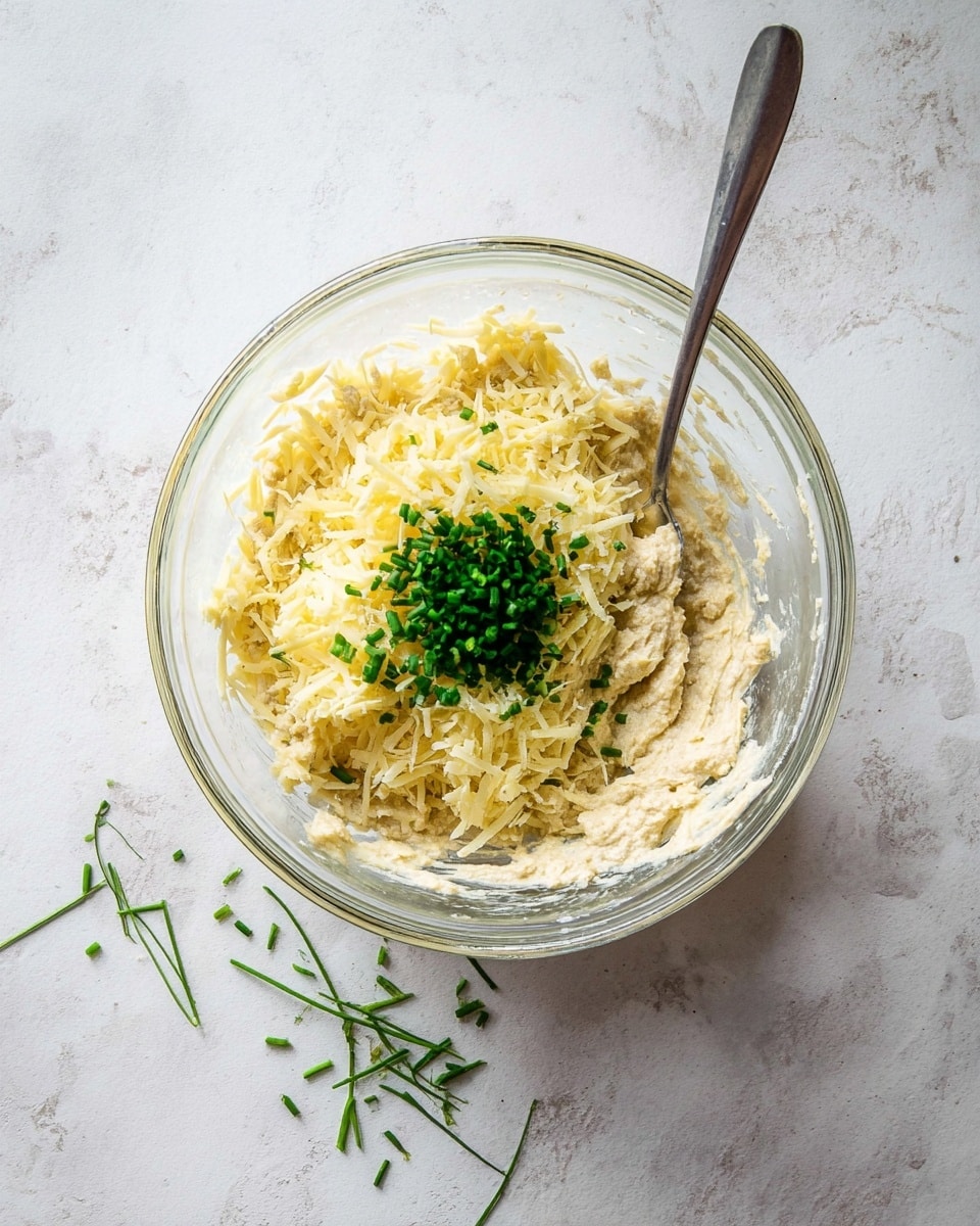 A clear glass bowl sits on a white marbled textured surface, filled with a thick beige mixture forming the base layer. On top, there is a layer of shredded pale yellow cheese and a small pile of finely chopped green chives placed in the center. A silver spoon is resting inside the bowl, with its handle pointing outward. Two small green herb sprigs are placed near the bowl on the surface. Photo taken with an iphone --ar 4:5 --v 7