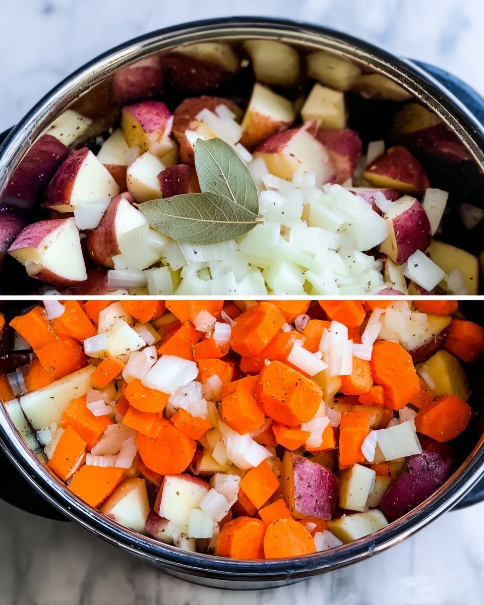 The image shows a pot with layers of raw vegetables. The first layer has roughly chopped red-skinned potatoes with white insides, mixed with thick slices of bright orange carrots spread evenly. The second layer adds a generous amount of finely chopped white onions scattered over the potatoes and carrots, with one fresh green bay leaf resting on top. The vegetables have a fresh, crisp look inside the pot. The pot sits on a white marbled surface. photo taken with an iphone --ar 4:5 --v 7