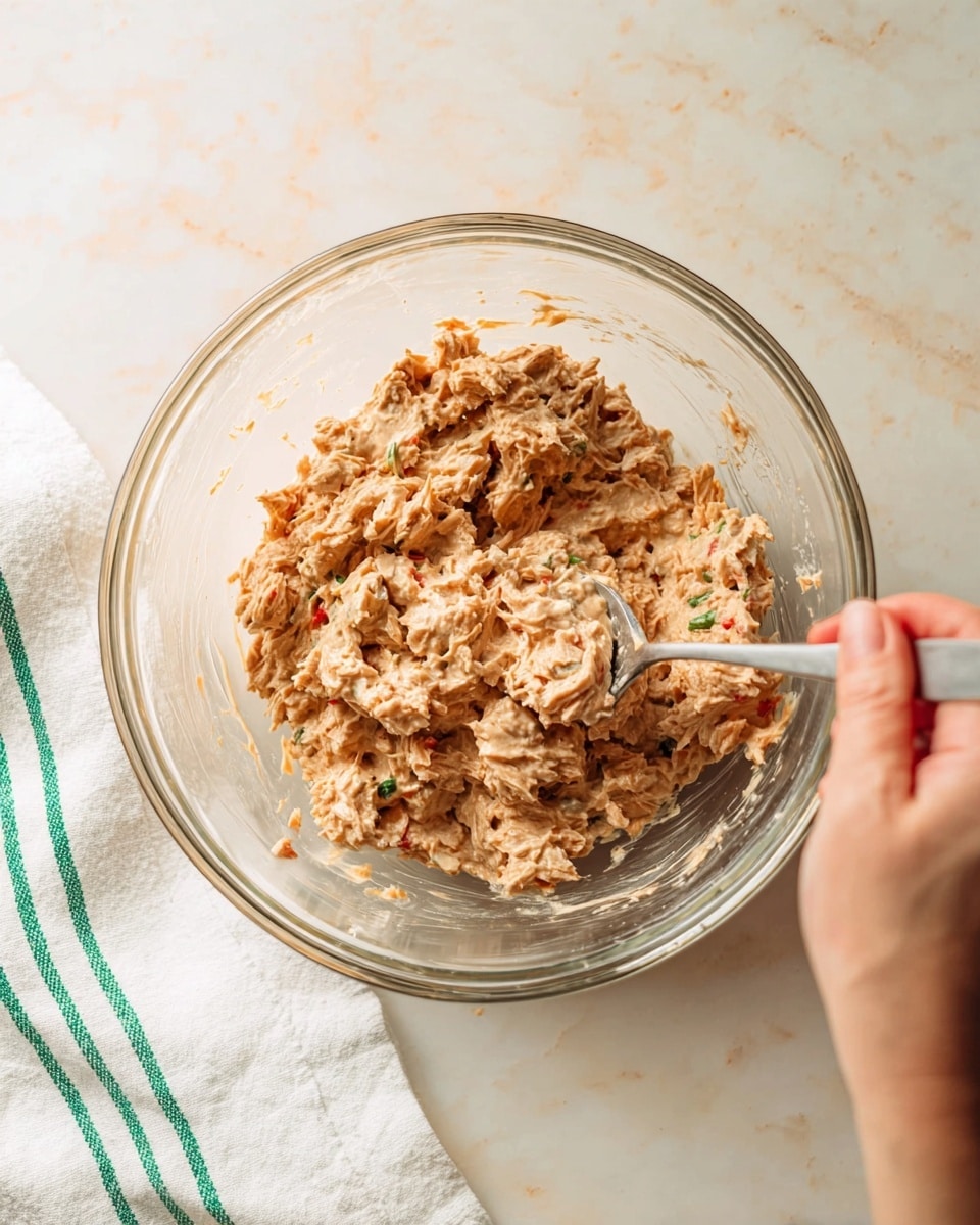 A clear glass bowl contains a mixed, light brown chunky tuna salad with visible flakes and creamy texture, being stirred by a woman's hand holding a spoon from the right side; the bowl sits on a white marbled surface with a white cloth featuring thin green stripes partially visible at the bottom left corner. photo taken with an iphone --ar 4:5 --v 7