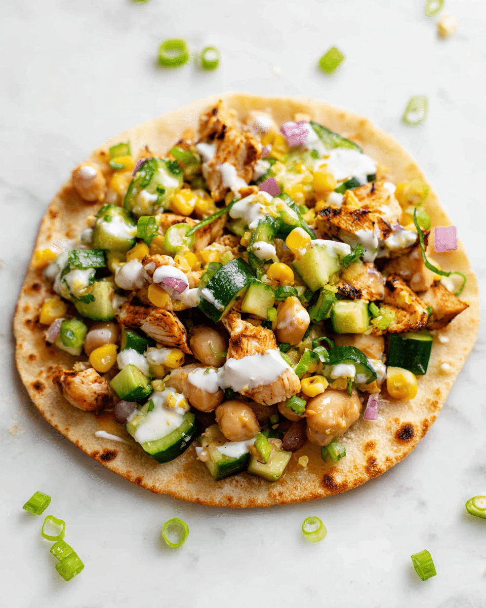 A single flat, round, light-brown flatbread sits on a white marbled surface with a layer of mixed ingredients on top. The first layer on the flatbread consists of a chunky mix of grilled light brown chicken pieces, creamy white beans, bright yellow corn, diced green cucumbers with dark green edges, and small bits of red onion. There are small green onion slices sprinkled throughout, and dollops of white sauce are spread unevenly over the top. The dish looks fresh and colorful with a mix of soft and slightly crispy textures, placed centrally with some green onion rings scattered around. Photo taken with an iphone --ar 4:5 --v 7