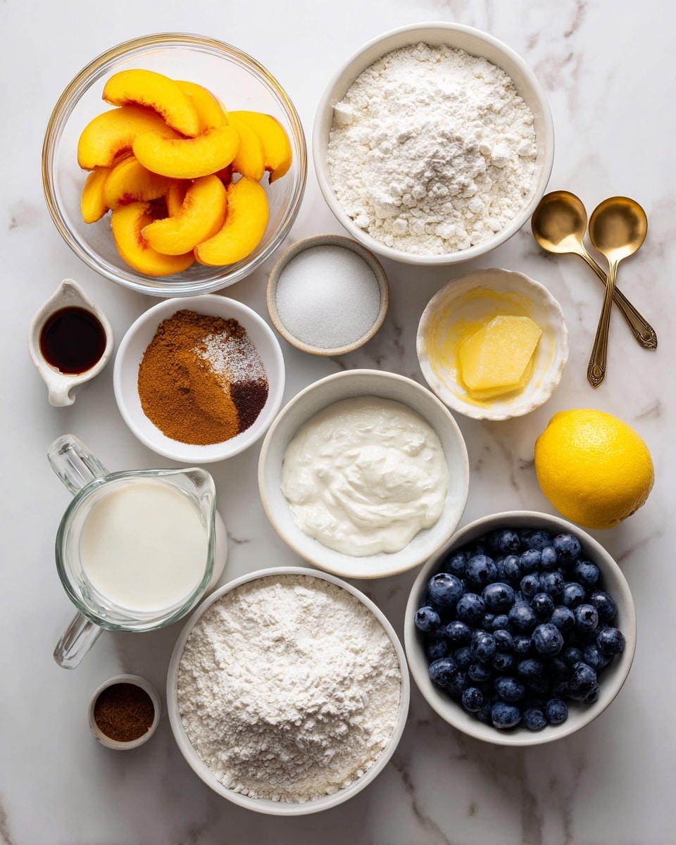 The image shows multiple small white bowls and one clear glass bowl arranged neatly on a white marbled surface, each filled with different baking ingredients. The top left clear glass bowl contains bright yellow peach slices, the white bowl below holds many dark blue blueberries, and small white bowls around them carry white cornstarch, white sugar, brown sugar, flour, baking powder with salt, and a small amount of melted yellow butter. A clear glass measuring cup contains white milk, and two golden spoons rest next to a whole bright yellow lemon, holding brown cinnamon powder and a little bit of dark vanilla liquid. photo taken with an iphone --ar 4:5 --v 7