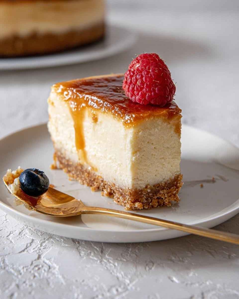 A single slice of cheesecake sits on a white plate with a white marbled background. The cheesecake has three layers: a crumbly brown crust at the bottom, a thick and creamy light beige middle layer, and a glossy browned top layer that looks like caramelized sugar. A fresh red raspberry is placed in the center on top of the cake. Next to the cake on the plate, there is a small dark blue blueberry. A gold spoon with a piece of cheesecake on it rests loosely on the plate near the slice. Photo taken with an iphone --ar 4:5 --v 7