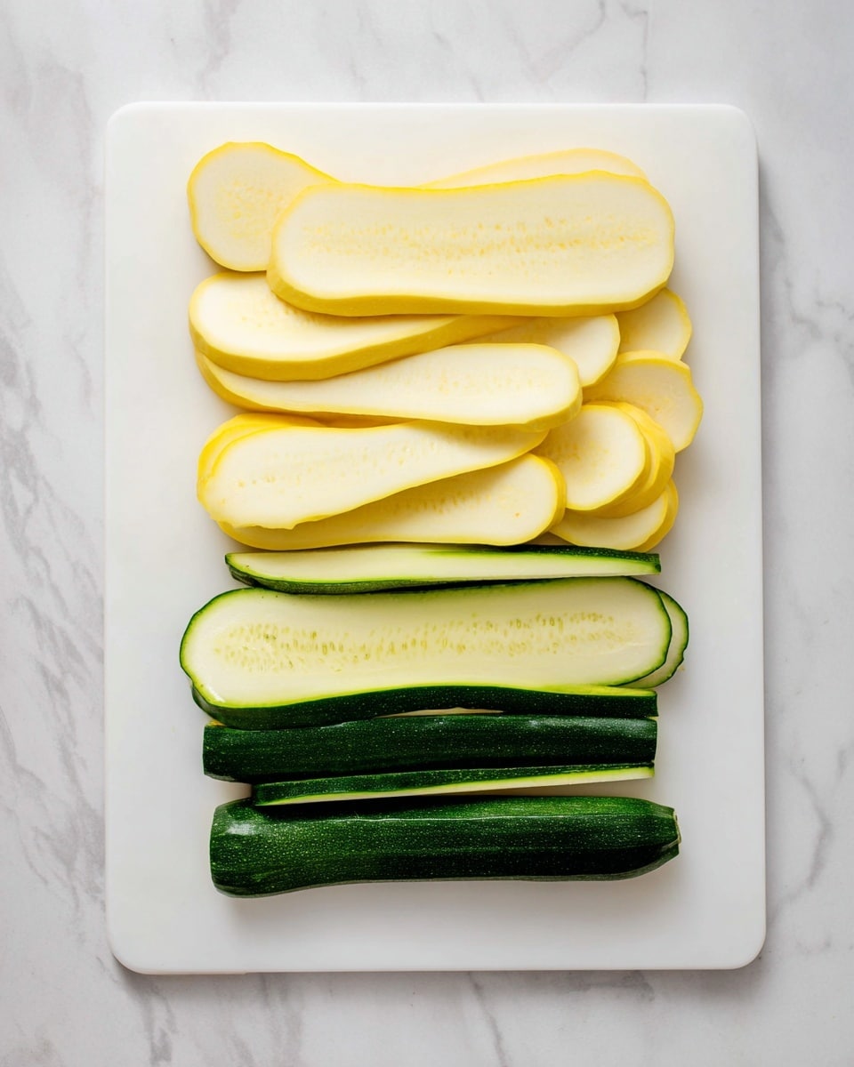 The image shows a white cutting board placed on a white marbled surface with thin slices of yellow squash and green zucchini arranged neatly in two rows. The top row has four slices of yellow squash, showing their smooth pale yellow outer skin and lighter interior with visible seeds. Below this, there are four slices of green zucchini with their dark green outer skin and lighter inner flesh, displayed in a similar neat pattern. photo taken with an iphone --ar 4:5 --v 7