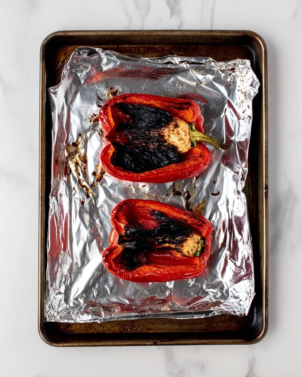 A baking tray lined with shiny aluminum foil holds two roasted red bell pepper halves positioned vertically in the center. Each pepper half shows a clear charred black surface with wrinkled, soft red edges that have turned darker from roasting. The tray rests on a white marbled surface, with some dark roasting marks visible around the peppers on the foil. The image is taken from above, highlighting the contrast between the blackened and red areas of the peppers. photo taken with an iphone --ar 4:5 --v 7