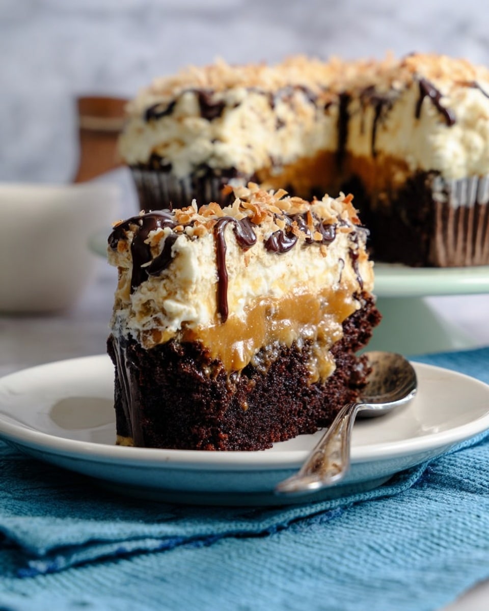 A slice of dark brown chocolate cake with a thick golden caramel layer in the middle sits on a white plate with a silver spoon next to it on a blue cloth. On top of the cake is a thick layer of light beige cream, drizzled with dark chocolate sauce and sprinkled with toasted coconut. In the background, there is a whole cake with the same layers in a white cupcake liner, all placed on a white marbled surface. Photo taken with an iphone --ar 4:5 --v 7