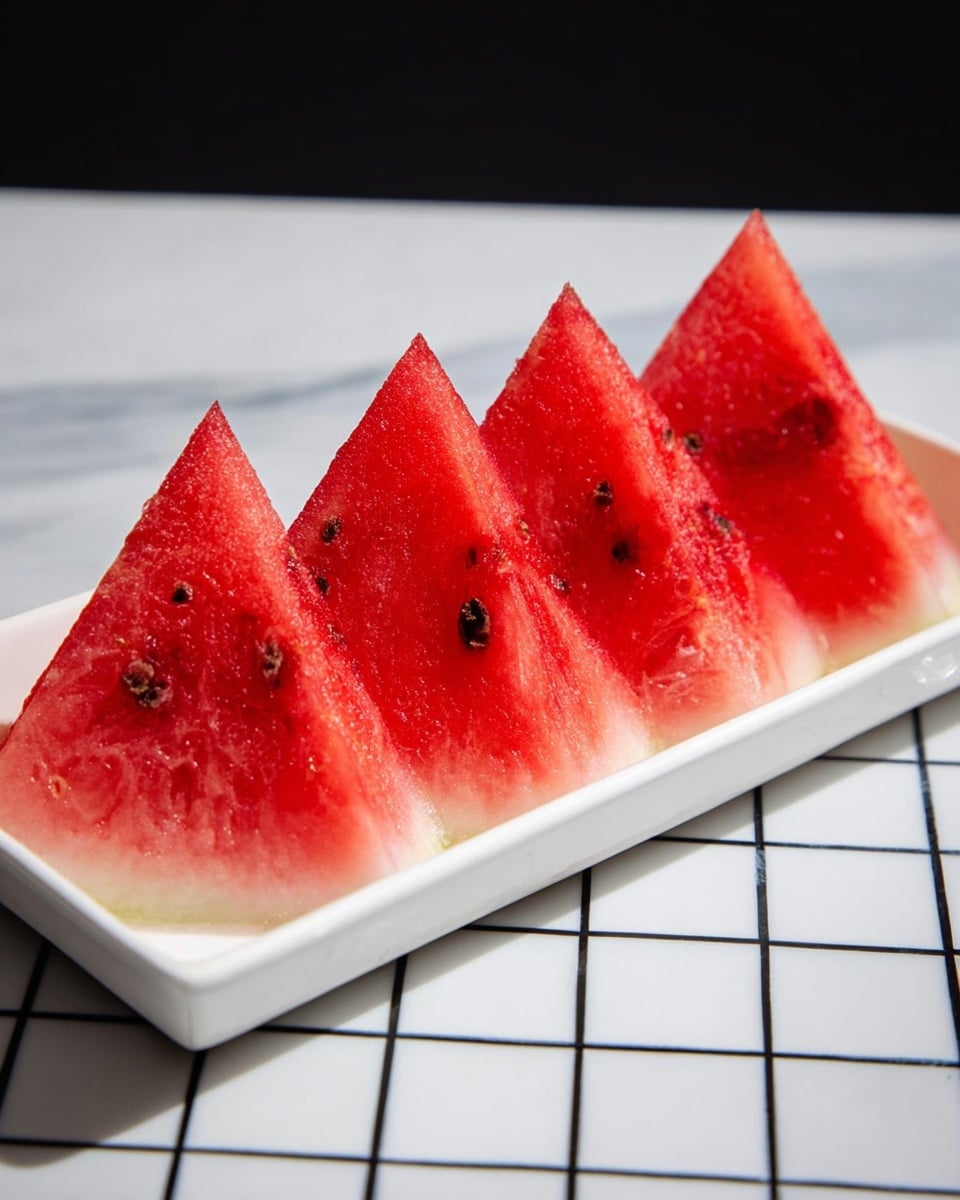 The image shows six triangular slices of bright red watermelon placed side by side in a white rectangular dish. Each watermelon slice has a few dark brown seeds visible, and the bottom part of the slices shows a lighter pink to almost white rind. The dish is set on a white marbled table surface with a grid tile pattern, and the background is black, which makes the watermelon slices stand out clearly. The texture of the watermelon appears juicy and fresh, with a sharp point at the top of each triangle. Photo taken with an iphone --ar 4:5 --v 7