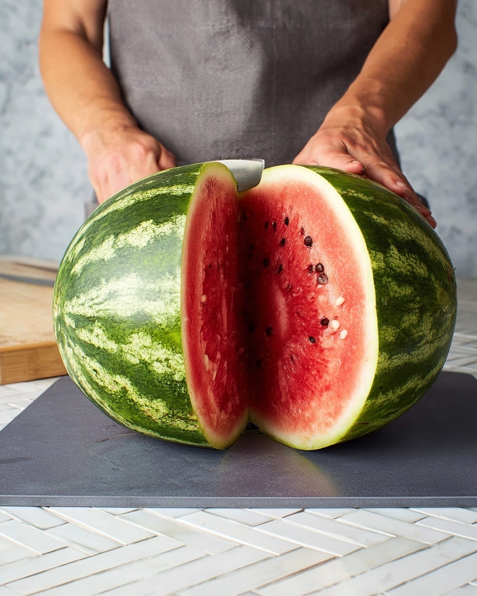A large watermelon is shown being cut in half on a dark gray cutting board placed on a white marbled surface with a herringbone tile pattern. One half of the watermelon is fully upright, showing three layers: the outer dark green rind with light green stripes, a thin lighter green inner rind, and the deep red juicy flesh with some black seeds scattered near the center. The other half is slightly tilted, exposing similar layers. A person's pair of tanned arms wearing a gray apron and holding the two halves steady is visible; one woman's hand rests on the upright half, while the other is out of frame. The knife is halfway through the watermelon, positioned vertically in the center. Photo taken with an iphone --ar 4:5 --v 7
