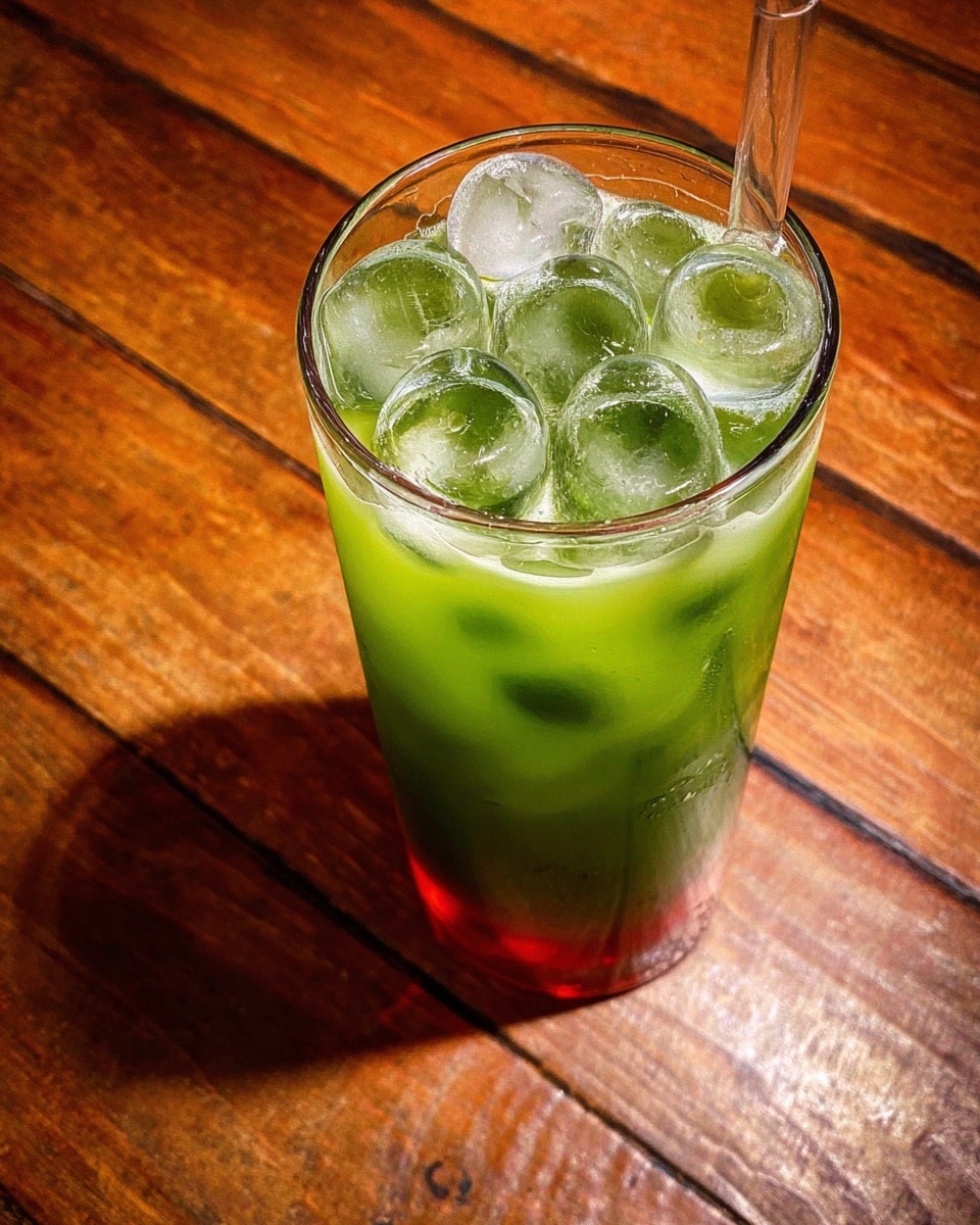A tall clear glass filled with a green drink mixed with ice cubes, showing a red layer at the bottom, giving it a two-tone effect. The ice cubes are large and scattered on top, with a clear straw placed inside the glass. The glass sits on a surface that looks like warm brown wooden planks. photo taken with an iphone --ar 4:5 --v 7