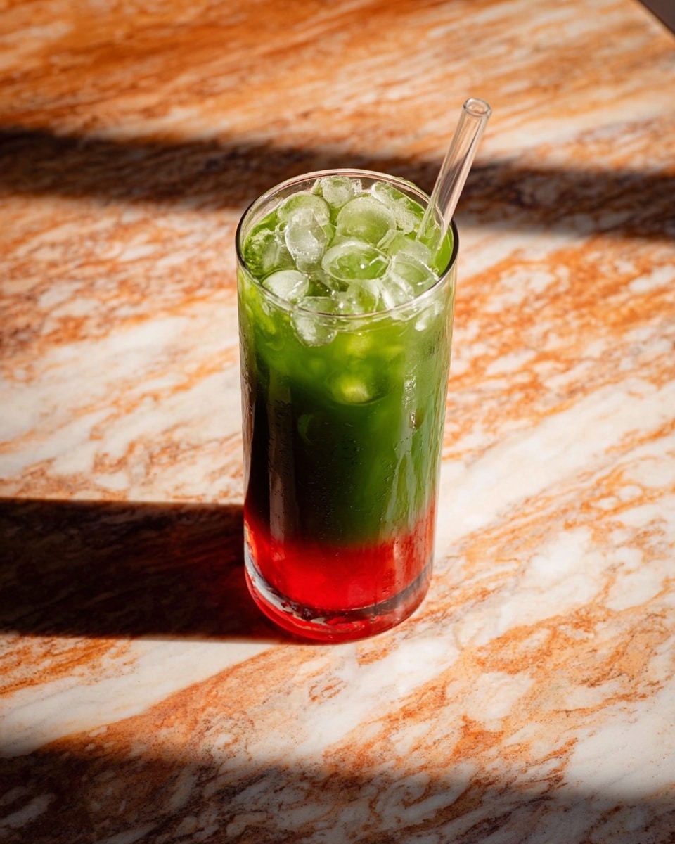 A tall clear glass filled with a layered drink, showing a bottom layer of bright red liquid, a middle layer of dark green liquid, and a top layer with ice cubes that are partly submerged in the green liquid, resting on a white marbled surface, photo taken with an iphone --ar 4:5 --v 7