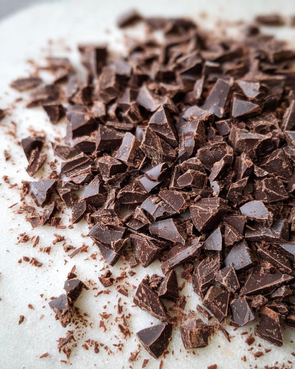 A close-up view of many small pieces of dark brown chopped chocolate scattered unevenly on a white marbled surface, with tiny chocolate shavings spread around, showing a rough texture and varying shapes and sizes of the chopped chocolate. photo taken with an iphone --ar 4:5 --v 7