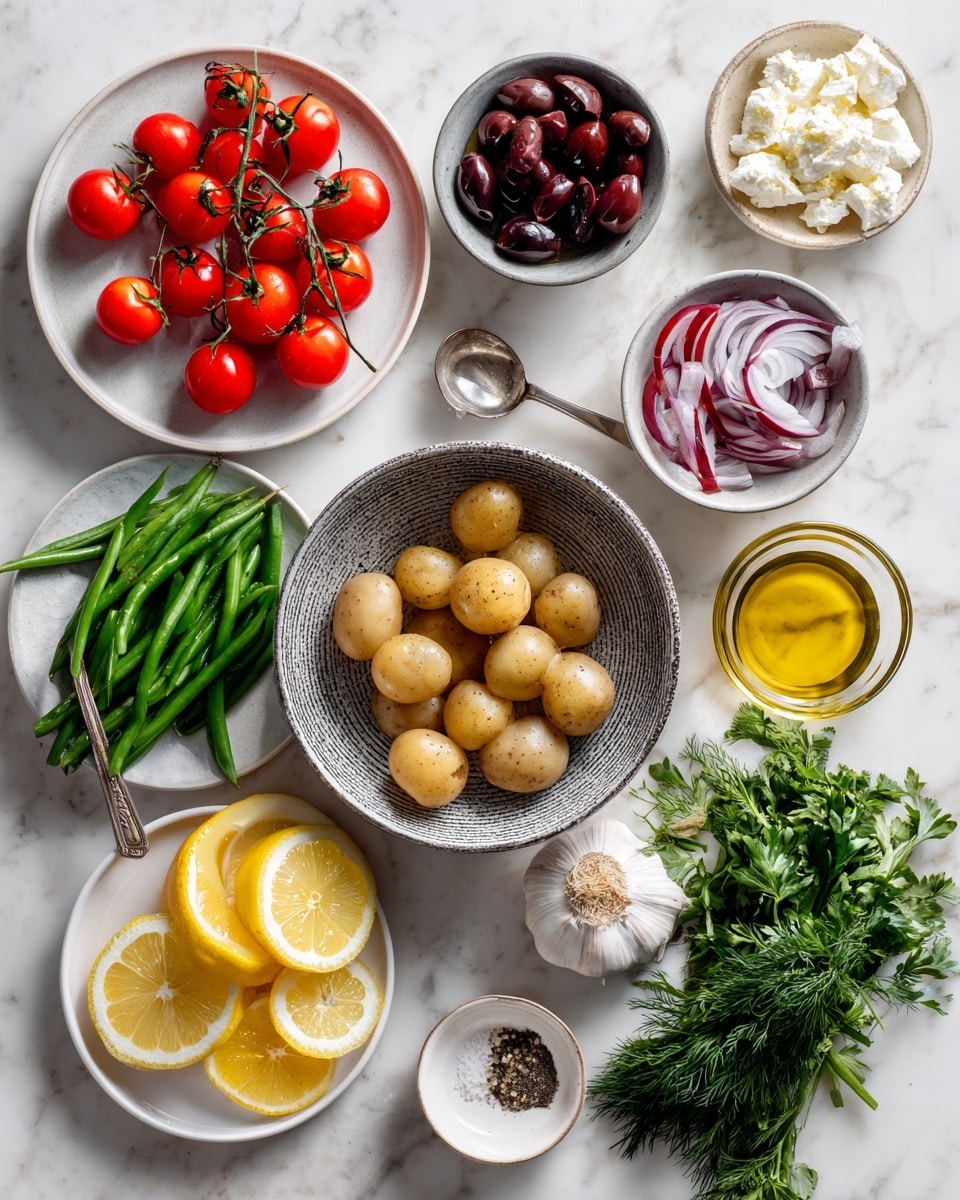 The image shows an arrangement of various fresh ingredients on a white marbled surface, each placed in a white bowl or dish unless otherwise specified. On the top left, a white plate holds bright red cherry tomatoes still on the vine, next to a small white bowl filled with dark purple olives. In the center is a textured gray bowl filled with smooth, light brown small potatoes. Above and to the right, a small glass bowl holds crumbled white feta cheese, while a clear glass container beside it contains golden olive oil. Below these, a white bowl has thinly sliced red onions, and to the right, a white bowl is stacked with fresh green beans. Near the bottom left, a round white plate contains three lemon slices, two garlic cloves, a small dollop of Dijon mustard, and a small glass bowl with golden vinegar; a metal spoon rests on the plate. Next to the plate is a tiny bowl with salt and black pepper. On the bottom right, a white bowl is full of fresh green herbs including parsley and dill. Everything is brightly lit, with vibrant natural colors standing out against the white marbled background, showing a clean, fresh setup. Photo taken with an iphone --ar 4:5 --v 7
