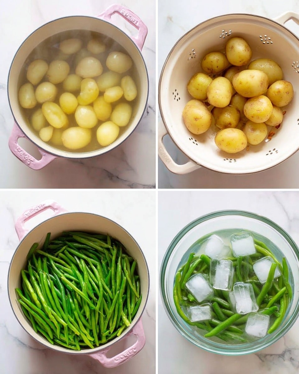 The image shows four cooking steps arranged in a grid, each with a white marble surface background. The top left section has a white pot with a pink handle filled with halved small yellow potatoes boiling in water with steam rising. The top right section shows a white colander inside a white pot with pink handles, holding the same halved potatoes that look drained. The bottom left section features the same white pot with pink handles filled with green beans boiling in clear water. The bottom right section presents a clear glass bowl filled with green beans soaking in water with several ice cubes around them. photo taken with an iphone --ar 4:5 --v 7